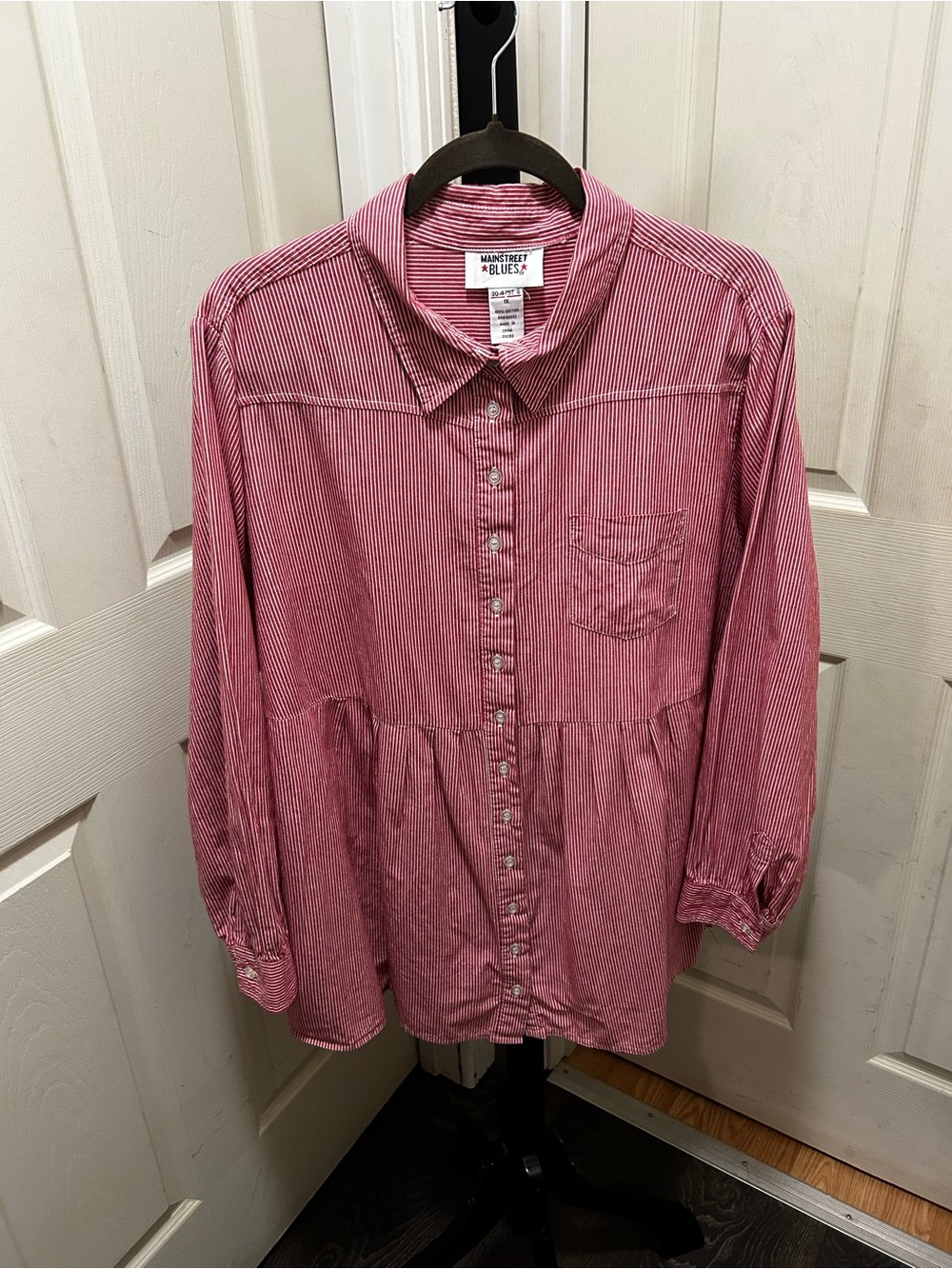 Mainstreet Blues Red and white Striped Peplum Button-up Shirt .